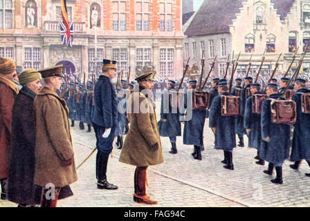 King George V of Britain and King Albert of Belgium inspecting Belgian troops.  The youth is the Prince of Wales, and beside him is Major General Pertab Singh of the Indian Army. World War I Stock Photo