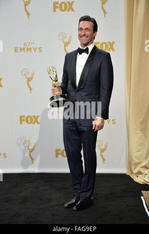 LOS ANGELES, CA - SEPTEMBER 20, 2015: Mad Men star Jon Hamm at the 67th Primetime Emmy Awards at the Microsoft Theatre LA Live. Stock Photo