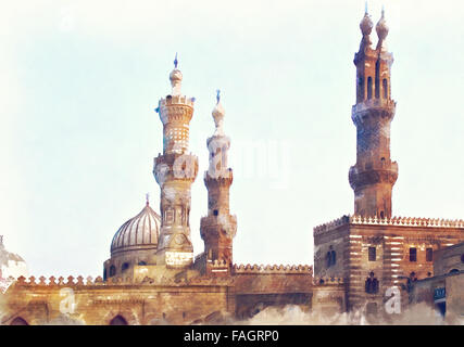 Image of Al Azhar mosque in Cairo, Egypt. Watercolour illustration. Stock Photo