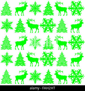 Christmas seamless bright green pattern design - deer, snowflake and Christmas tree on white Stock Photo
