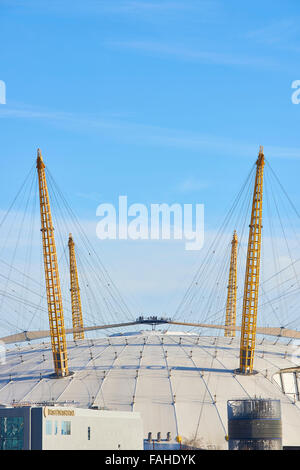 LONDON, UK - DECEMBER 28: Visitors at top of O2 Centre, formerly known as Millennium Dome, in a sunny blue sky day. December 28, Stock Photo