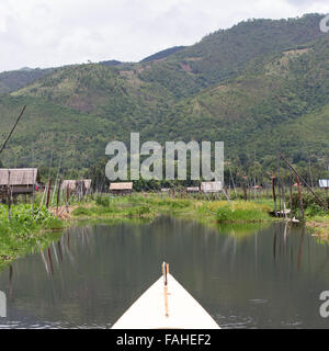 Stilted houses on Inle Lake in Myanmar (Burma). The house is surrounded by floating vegetation that is farmed. Stock Photo