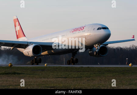 Landing Airbus A330-300 passenger aircraft of Swiss International Air Lines at Zurich Kloten airport. Stock Photo