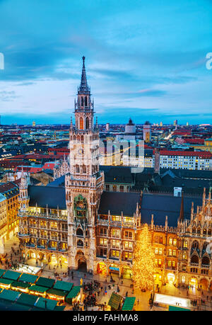 MUNICH - NOVEMBER 30: Aerial view of Marienplatz on November 30, 2015 in Munich. It's the 3rd largest city in Germany. Stock Photo