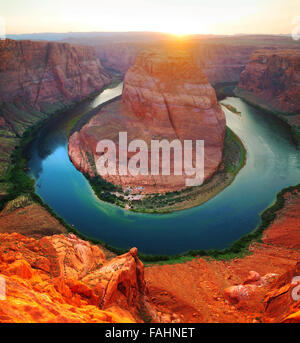 Panoramic overview of Horseshoe Bend near Page, Arizona at sunset