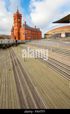 The Pierhead Building and the steps of the Senedd Welsh Assembly building at Cardiff Bay in Wales UK Stock Photo