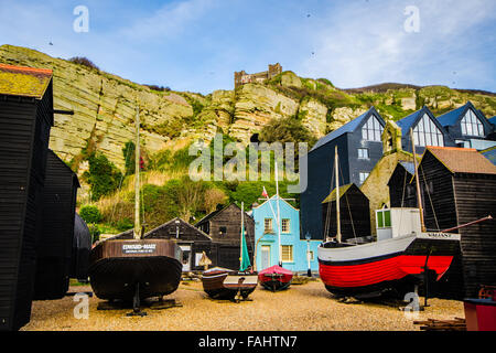 Hastings Old Town is an area to the east of Hastings.The Net Shops are tall black sheds storing fishing equipment. Tourist spot Stock Photo