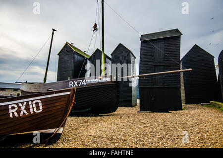 Hastings Old Town is an area to the east of Hastings.The Net Shops are tall black sheds storing fishing equipment. Tourist spot. Stock Photo