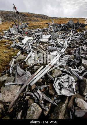 Wreckage of WWII Canadian Air Force crash of Wellington Bomber MF509 at Carreg Coch in the Brecon Beacons South Wales UK Stock Photo