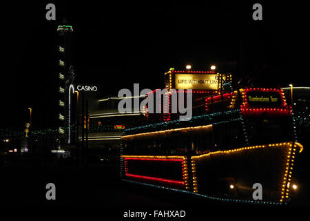 Night bows view, to Pleasure Beach Casino, Illumination Tour Frigate Tram, South Shore Turning Circle, Blackpool Illuminations Stock Photo