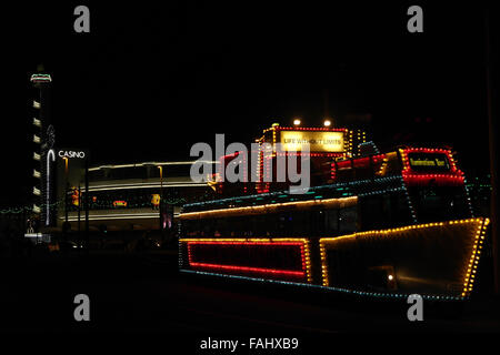 Night front view, to Pleasure Beach Casino, Illumination Tour Frigate Tram, South Shore Turning Circle, Blackpool Illuminations Stock Photo