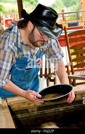 A gold prospector pans for flakes at a gold mine in historic Dahlonega Georgia, USA. Stock Photo