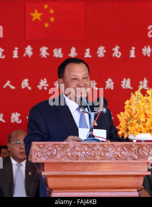 Phnom Penh, Cambodia. 31st Dec, 2015. Cambodian Senate President Say Chhum speaks during a ground-breaking ceremony for a China-funded building in Phnom Penh, Cambodia, Dec. 31, 2015. Cambodian Senate President Say Chhum and Chinese Ambassador to Cambodia Bu Jianguo on Thursday broke ground for a building of the Cambodian Senate. Credit:  Sovannara/Xinhua/Alamy Live News Stock Photo