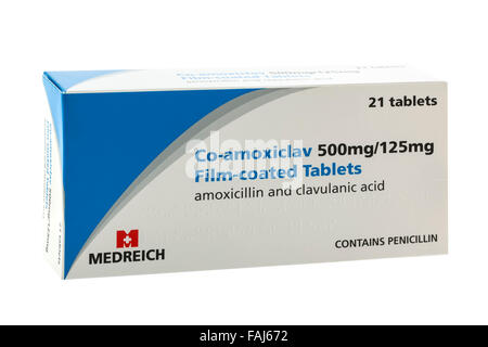 Packet of Co-Amoxiclav Antibiotics on a White Background Stock Photo