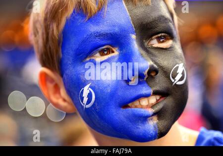 Tampa, Florida, USA. 30th Dec, 2015. DOUGLAS R. CLIFFORD | Times.Jacob Krout, 11, of Valrico, shows his allegiance during the pre game warmup[ before the start of Wednesday's (12/30/15) game between the Tampa Bay Lightning and the New York Rangers at the Amalie Arena in Tampa. Credit:  Douglas R. Clifford/Tampa Bay Times/ZUMA Wire/Alamy Live News Stock Photo