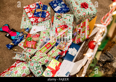 Christmas presents under an ecological, reusable Christmas tree Stock Photo