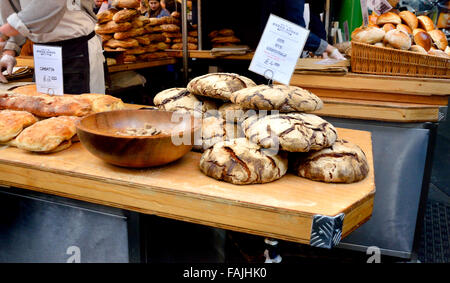 London, England, UK. Borough Market, Southwark. Rye Sourdough bread and ciabatta for sale Stock Photo