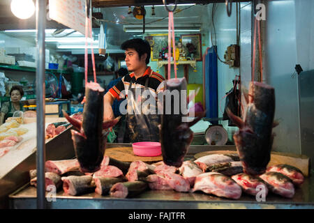 Fish shop in Chinatown Bangkok, Thailand. Yaowarat, Bangkok’s Chinatown, is the World’s most renowned street food destination an Stock Photo