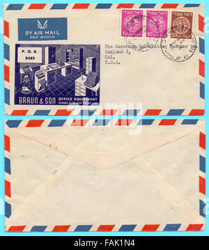 An envelope posted in 1949 using Doar Ivri stamps. Doar Ivri, (Hebrew Post) are stamps that were issued prior to declaration of Stock Photo