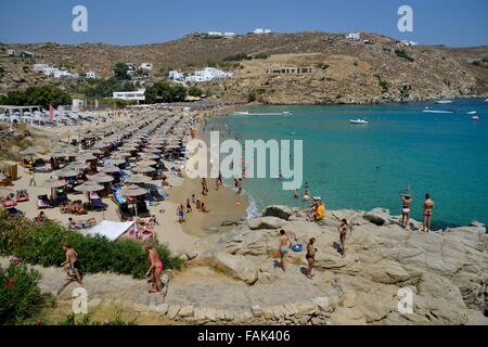 Tourists on Super Paradise Beach, Mykonos, Cyclades, Greece Stock Photo