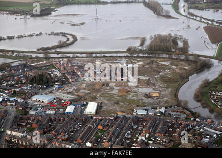 aerial view of a house building site in Castleford, West Yorkshire close to being flooded Stock Photo