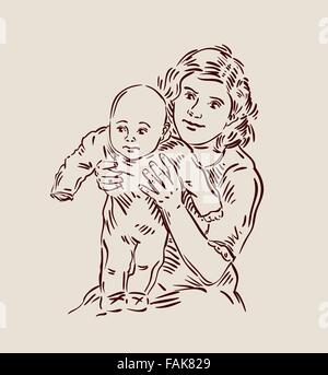 hand-drawn young mother with a baby. sketch. vector illustration Stock Vector