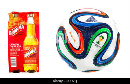 Four Pack of Brahma Beer with the FIFA 2014 World Cup Football on a White Background Stock Photo