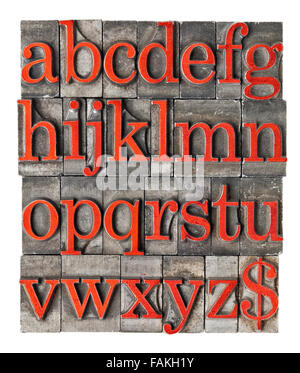 English alphabet (lowercase) and dollar sign in vintage grunge letterpress metal type stained by red ink Stock Photo