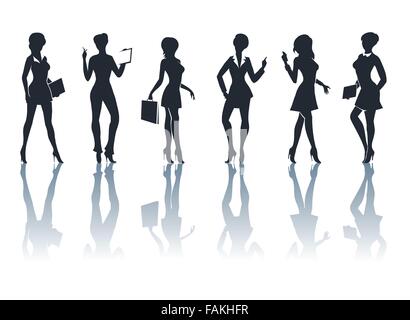 Set of six businesswomen silhouettes with accessories and shadows. Isolated on white. Stock Vector