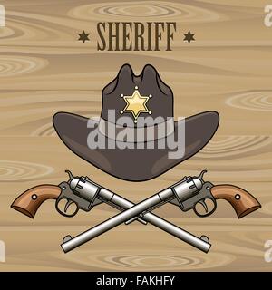 Sheriff hat and crossed revolvers. Illustration in cartoon style. Stock Vector