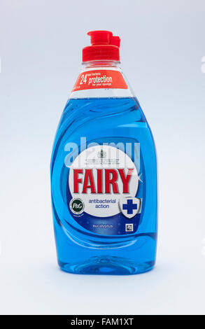 Bottle of Eucalyptus  Fairy Washing Up Liquid on a Light Blue Background Stock Photo