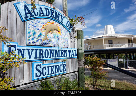 Florida Crystal River water,Fort Island,Academy of Environmental Science,sign,entrance,high school,public charter school,visitors travel traveling tou Stock Photo