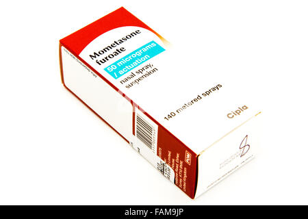 Mometasone furoate nasal spray treatment treat glucocorticoid family of steroid hormone nasal allergy hormones box medical box Stock Photo