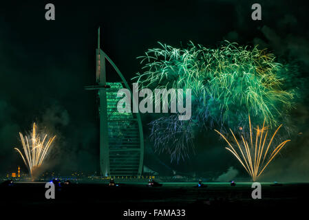 New Year 2015 Fireworks in Dubai, UAE Stock Photo