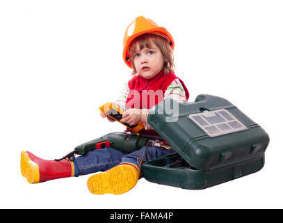 two  years  baby builder in hardhat with drill and toolbox. Isolated over white Stock Photo