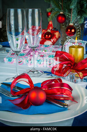 Image of Christmas dinner in home, Christmastime table Stock Photo