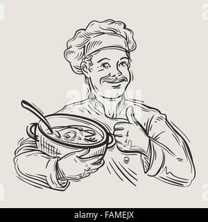 hand drawn happy chef with pan in hand. vector illustration Stock Vector