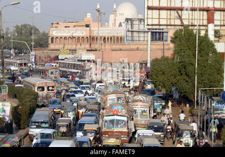 Huge numbers of motors are stuck in traffic jam during protest demonstration of Pakistani Bengalis, at M.A Jinnah Road in Karachi on Friday, January 01, 2016. Stock Photo