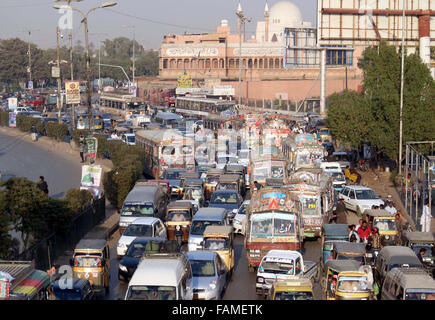 Huge numbers of motors are stuck in traffic jam during protest demonstration of Pakistani Bengalis, at M.A Jinnah Road in Karachi on Friday, January 01, 2016. Stock Photo