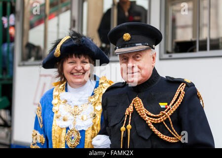 London, UK. 1st January, 2016. Councillor Christabel The Lady Flight, The Lord Mayor of the City of Westminster (l) with Roger Bramble DL, LNYDP Principal Patron (r), at the 30th annual London's New Year's Day Parade, LNYDP 2016. The parade has more than 8,500 performers representing 20 countries world-wide. Credit:  Imageplotter/Alamy Live News