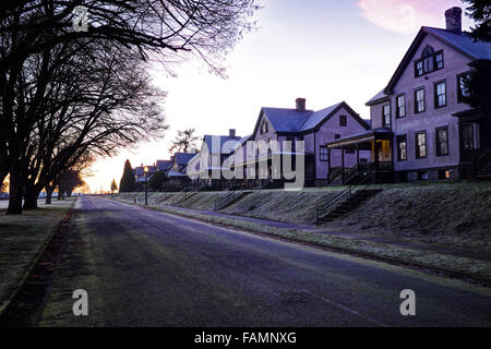 Dawn rises over Officer's Row of houses, Fort Worden State Park, Port Townsend, Washington, USA Stock Photo