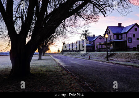 Dawn rises over Officer's Row of houses, Fort Worden State Park, Port Townsend, Washington, USA Stock Photo