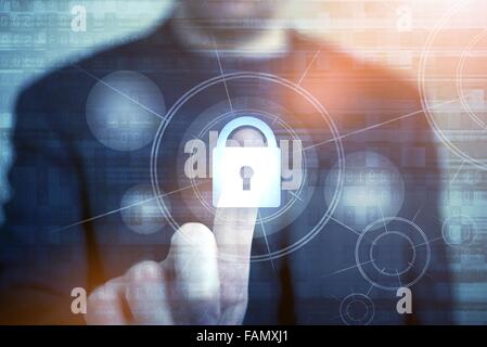 Network Safety Concept with Businessman Touching Closed Padlock as Symbol of Security. Internet Security Technologies. Password Stock Photo