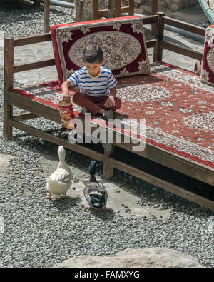 Feeding the ducks, tea house, Underground City, Kish Island, Iran Stock Photo