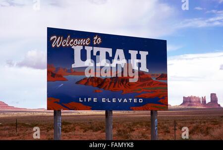 Welcome to Utah. Life Elevated. Utah Welcome Sing. State Border. United States. Stock Photo