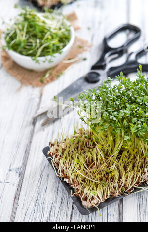 Fresh Cress (close-up shot) on rustic wooden background Stock Photo