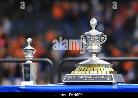 New Orleans, Los Angeles, USA. 1st January, 2016. New Orleans Louisiana, USA. 1st Jan, 2016. Championship and Most Outstanding Player trophies of the Allstate Sugar Bowl between Oklahoma State Cowboys and the Ole Miss Rebels at the Mercedes Benz Superdome in New Orleans Louisiana. Credit: Steve Dalmado/Cal Sport Media/Alamy Live News Stock Photo