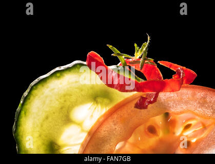 Cucumber, tomato, chilli, peppers, herbs decoration, transmitted light, on black background, isolated, layout, space for text, Stock Photo