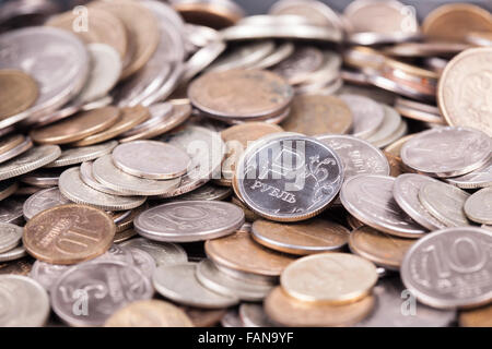 bunch Russian rubles in the form of coins close up Stock Photo