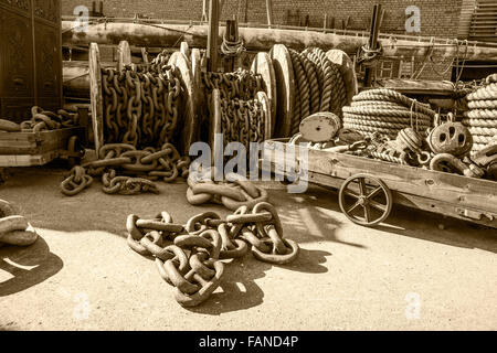 Old ropes and chains in the dock yard of Brunel's historic SS Great Britain at Bristol Stock Photo